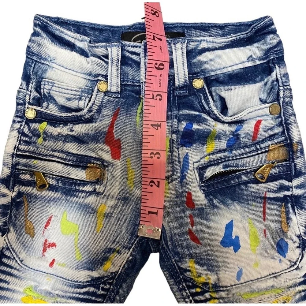 Elite Premium Denim Kids Moto Jeans 2T 3T Paint Splatter Distressed Stretch